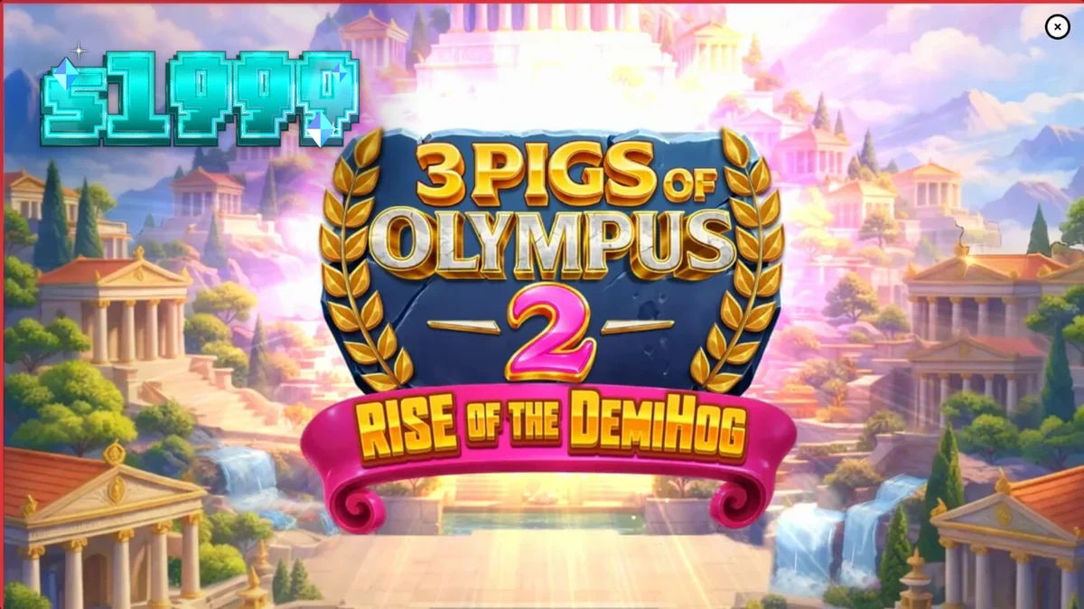 Tampilan visual slot 3 Pigs of Olympus 2 Rise of the DemiHog dengan tema mitologi Yunani dan karakter babi pahlawan.